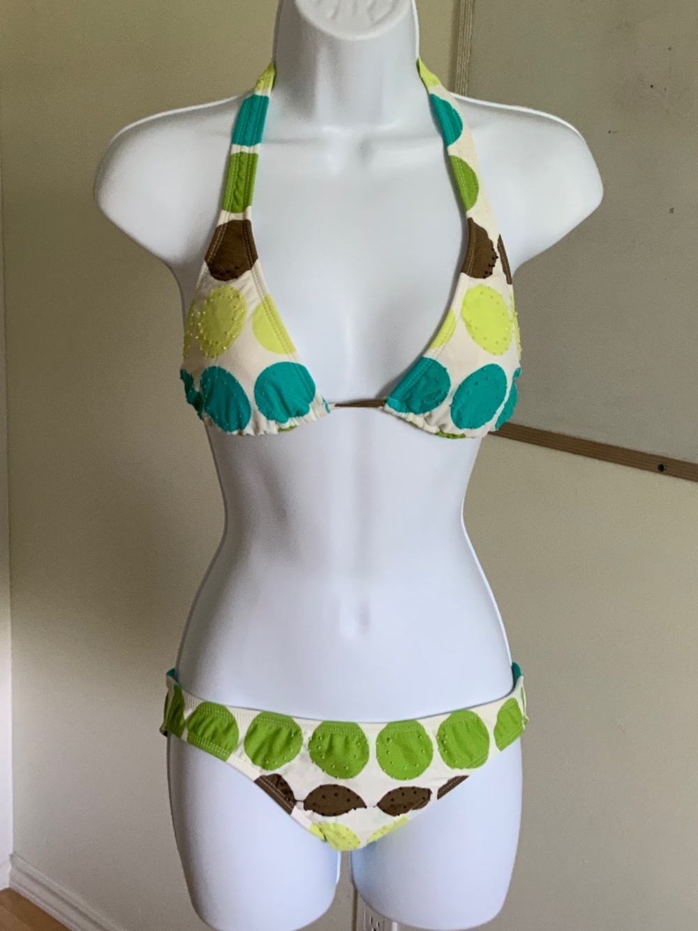 2 pcs swimwear, beaded fabric, size small, colours green, white, brown